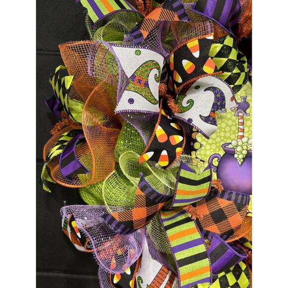 Halloween Witch Wreath Orange Purple Green Deco Mesh Handmade 24 Inch - Picture 7 of 8
